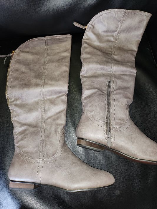 Grey fabric knee boots